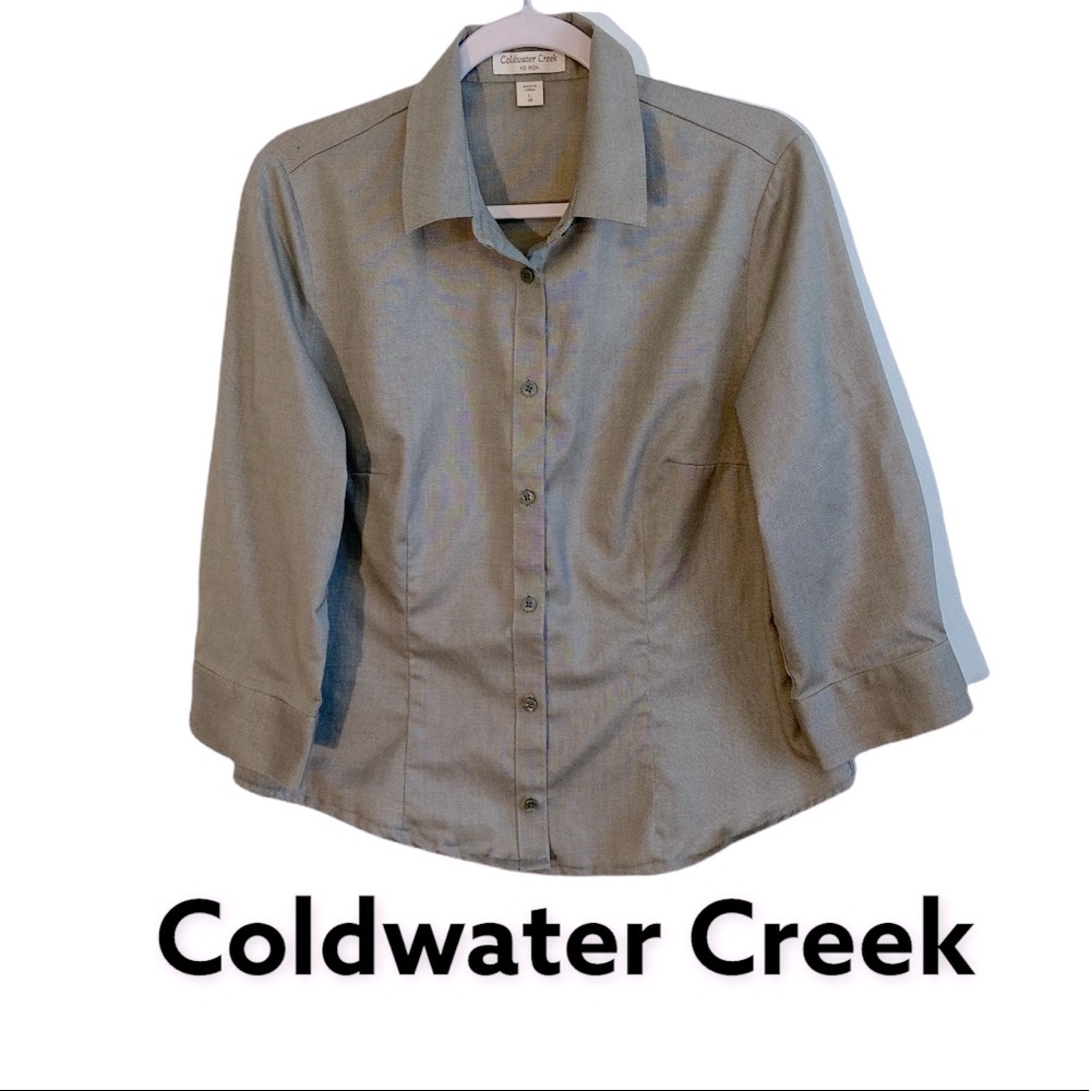3/$25 Coldwater Creek NO IRON button up collar dark grey. Size 14 / Large.